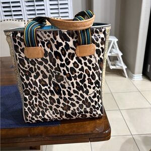Leopard Print Tote Bag with Striped Handles - Brown/Cream
